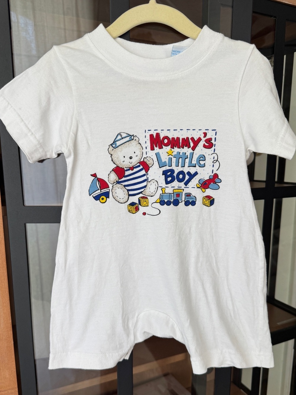 Vintage 90s Mommy’s Little boy teddy bear shortall romper tshirt baby boy cotton
